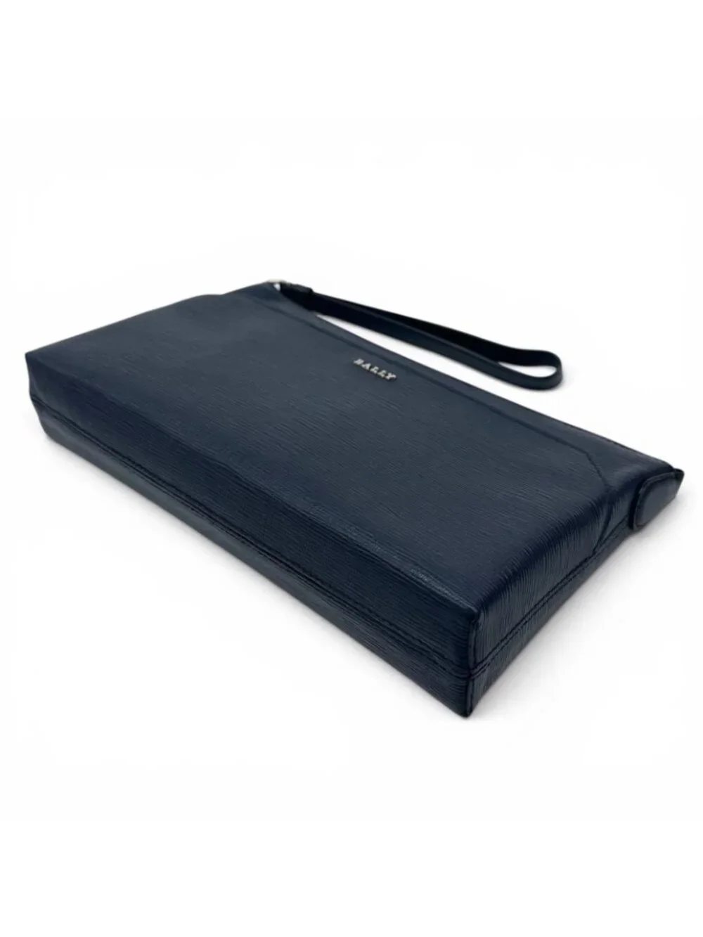 Bvlgari Bally Leddon Logo Leather Clutch Navy Silver